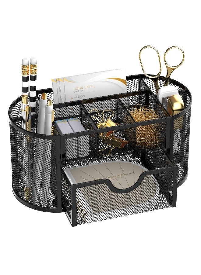 Mesh Desk Organizer with 9 Compartments and Mini Drawer, Stylish Office Supplies Storage, Perfect for Workspace Organization and Stationery Management in Black - Image 1